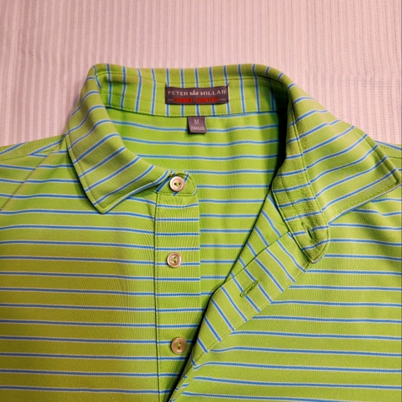 Peter Millar Men's Summer Comfort Polo Green w Blue stripes Sz Med - Picture 1 of 8